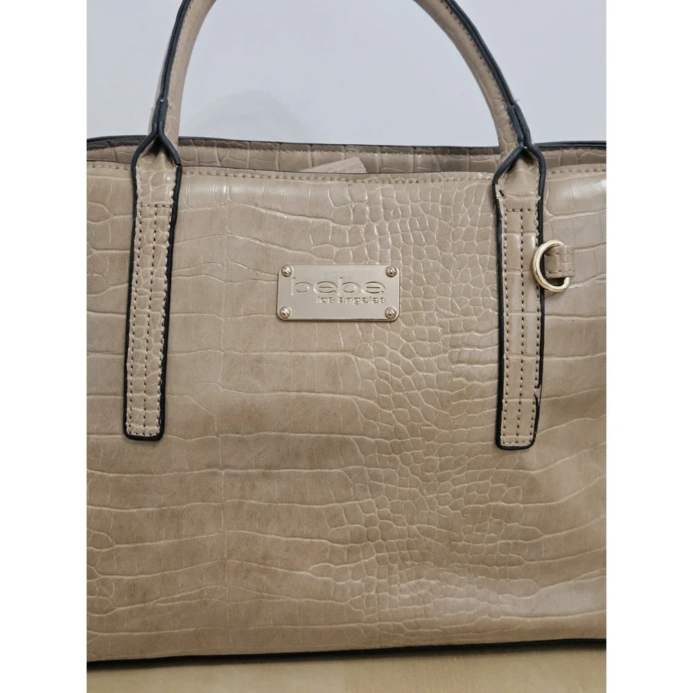 Bebe Beige Faux Croc Embossed Satchel Handbag Double Handle Tote Purse Medium